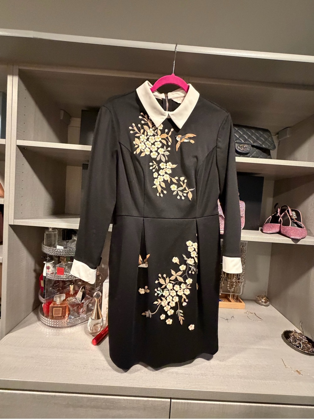 Ted Baker Black Long Sleeve Dress with Cream Collar and Floral Embroidery